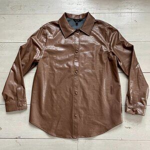 Express Women's Brown Croc Embossed Faux Leather Shacket Size M Snap Front Sheek